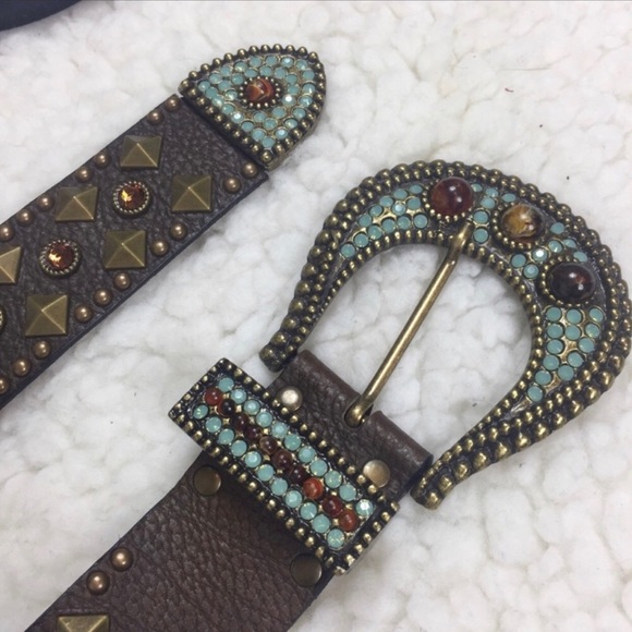 Vintage Boho Western Turquoise Brown Gold Jeweled Leather Belt S/M main image 14